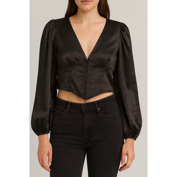 Forever 21 Black Satin Corset Style Long Sleeve Top Size Medium - Picture 1 of 5